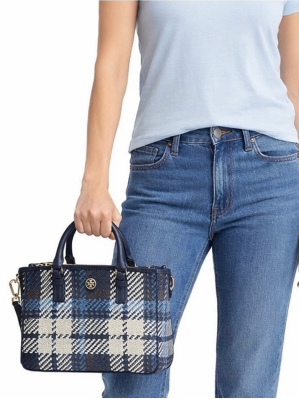 Rare! TORY BURCH Leather Robinson Woven Plaid Satchel Crossbody Navy Brown White